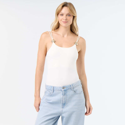 Solid Bodysuit with Embellished Straps WHITE