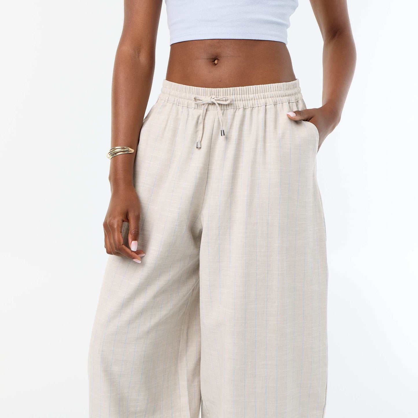 High-waisted wide-leg linen blend pants BEIGE