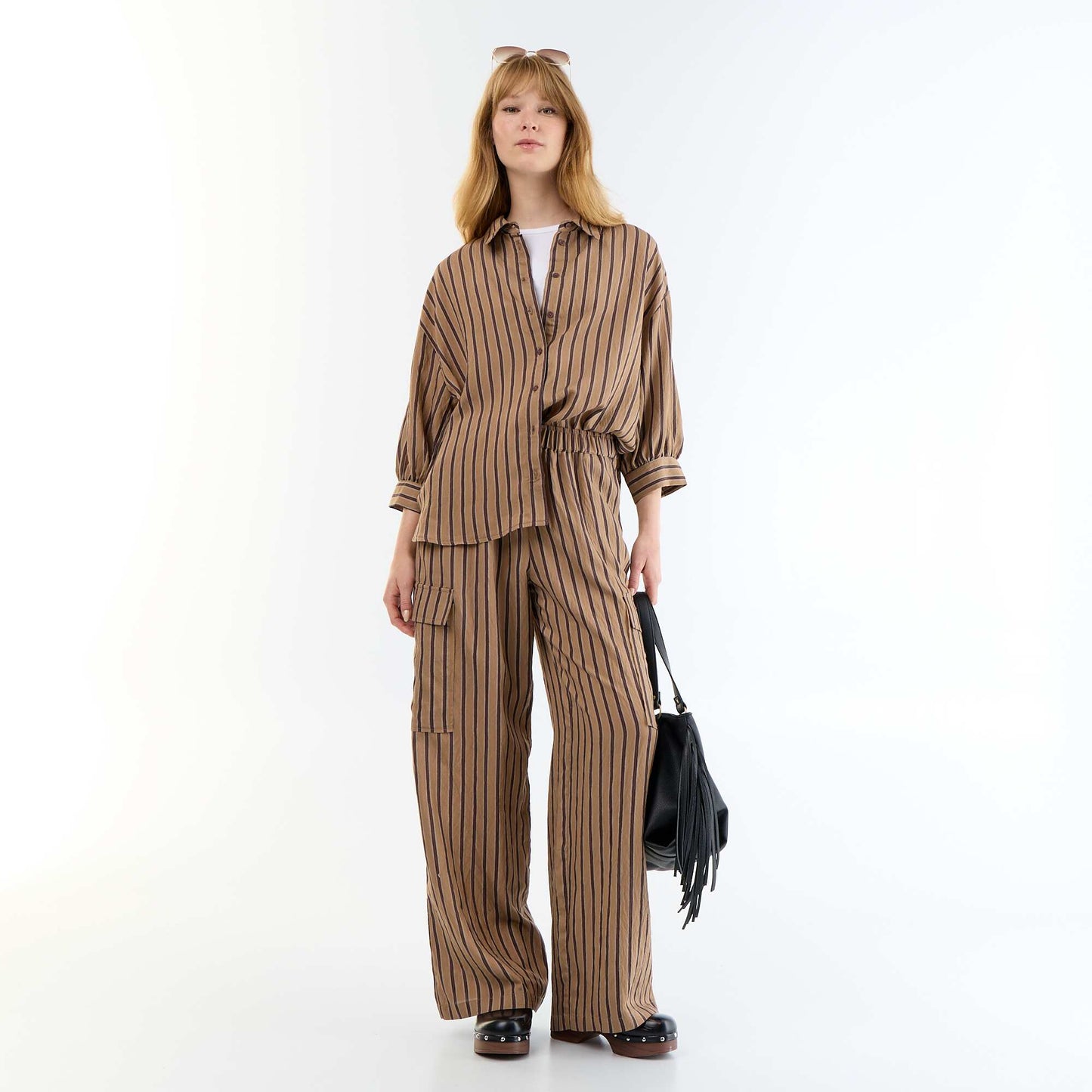 Fluid Striped Balloon Sleeve Shirt DARK BROWN