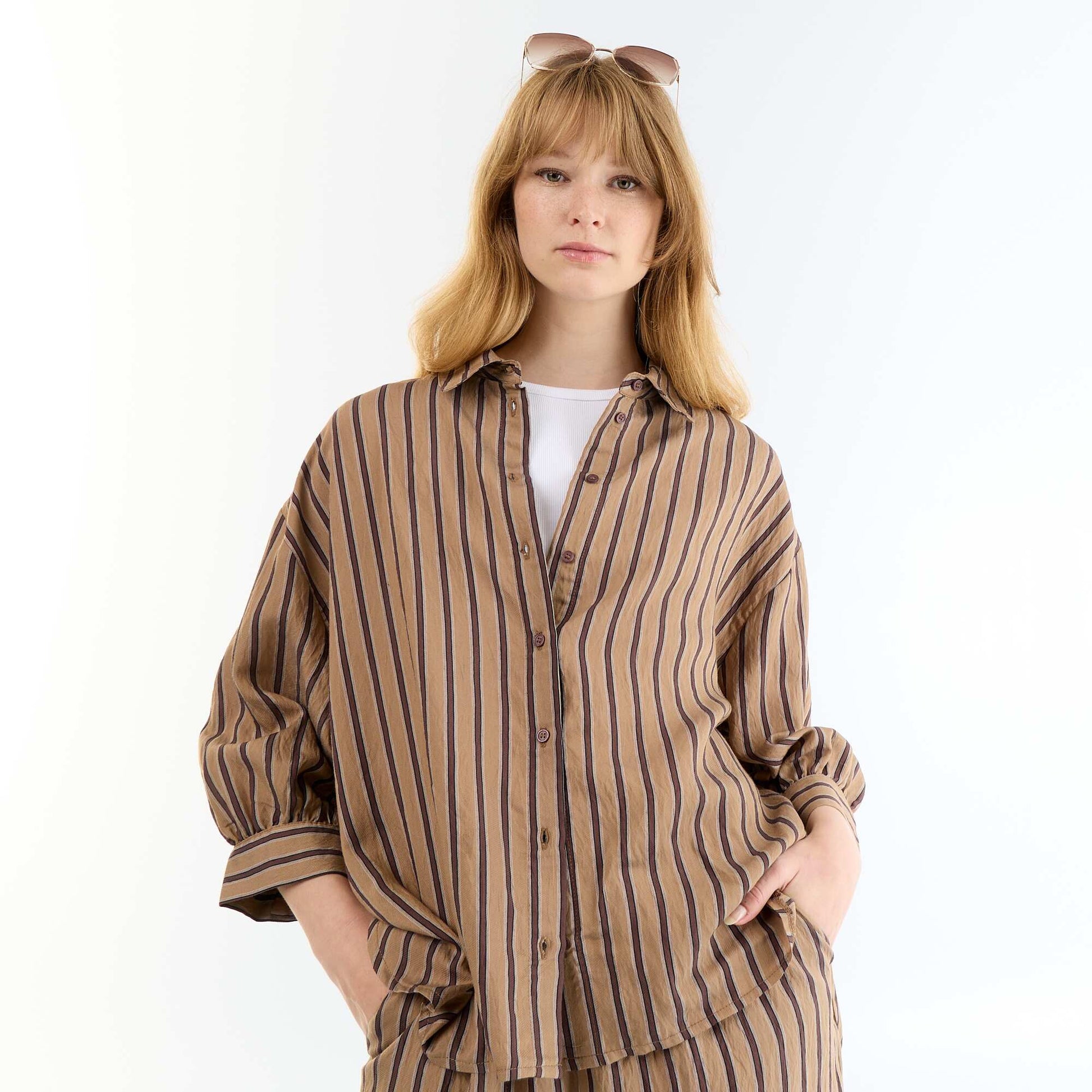 Fluid Striped Balloon Sleeve Shirt DARK BROWN
