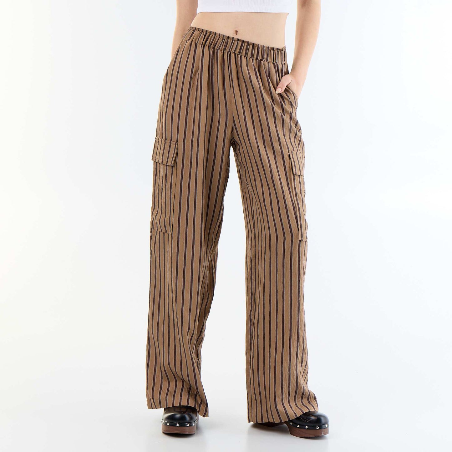 Wide-Leg Striped Trousers with Flap Pockets DARK BROWN