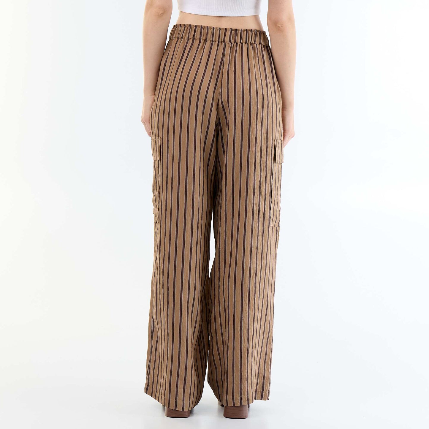 Wide-Leg Striped Trousers with Flap Pockets DARK BROWN