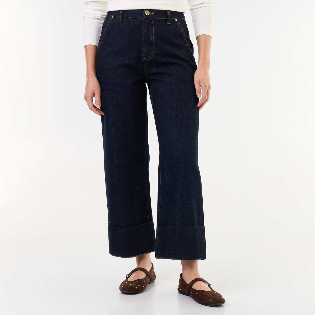 Plain Wide-Leg Denim Jeans with Wide Turn-Up Hems BLUE