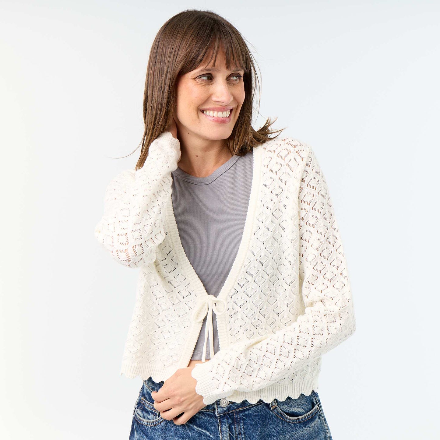Openwork crochet knit cardigan BEIGE