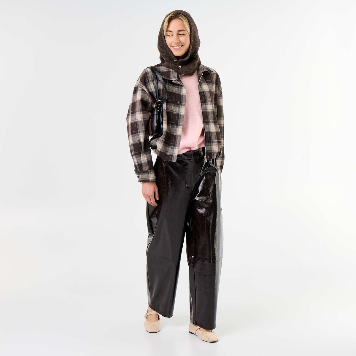 Faux Leather Barrel Pants BROWN