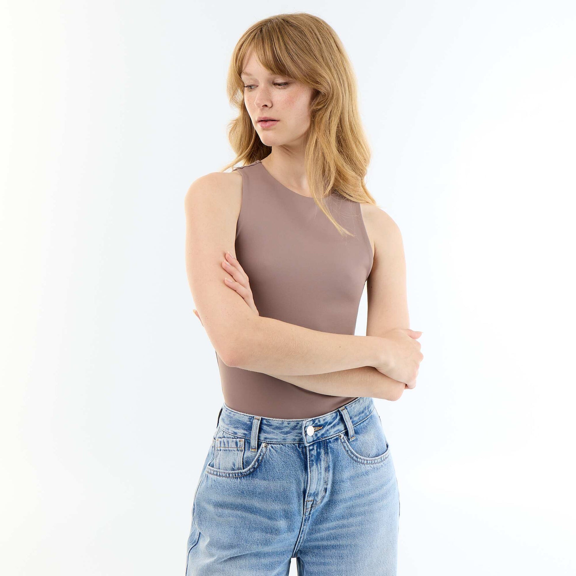 Plain Round Neck Bodysuit BROWN