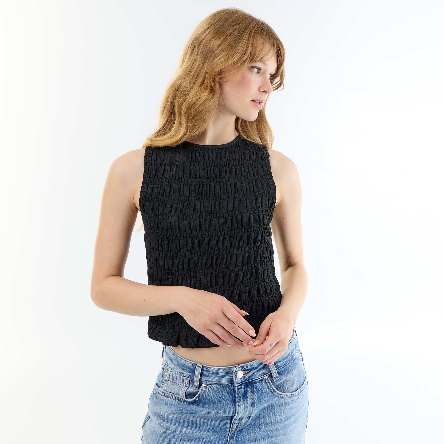 Sleeveless Waffle Knit Top BLACK