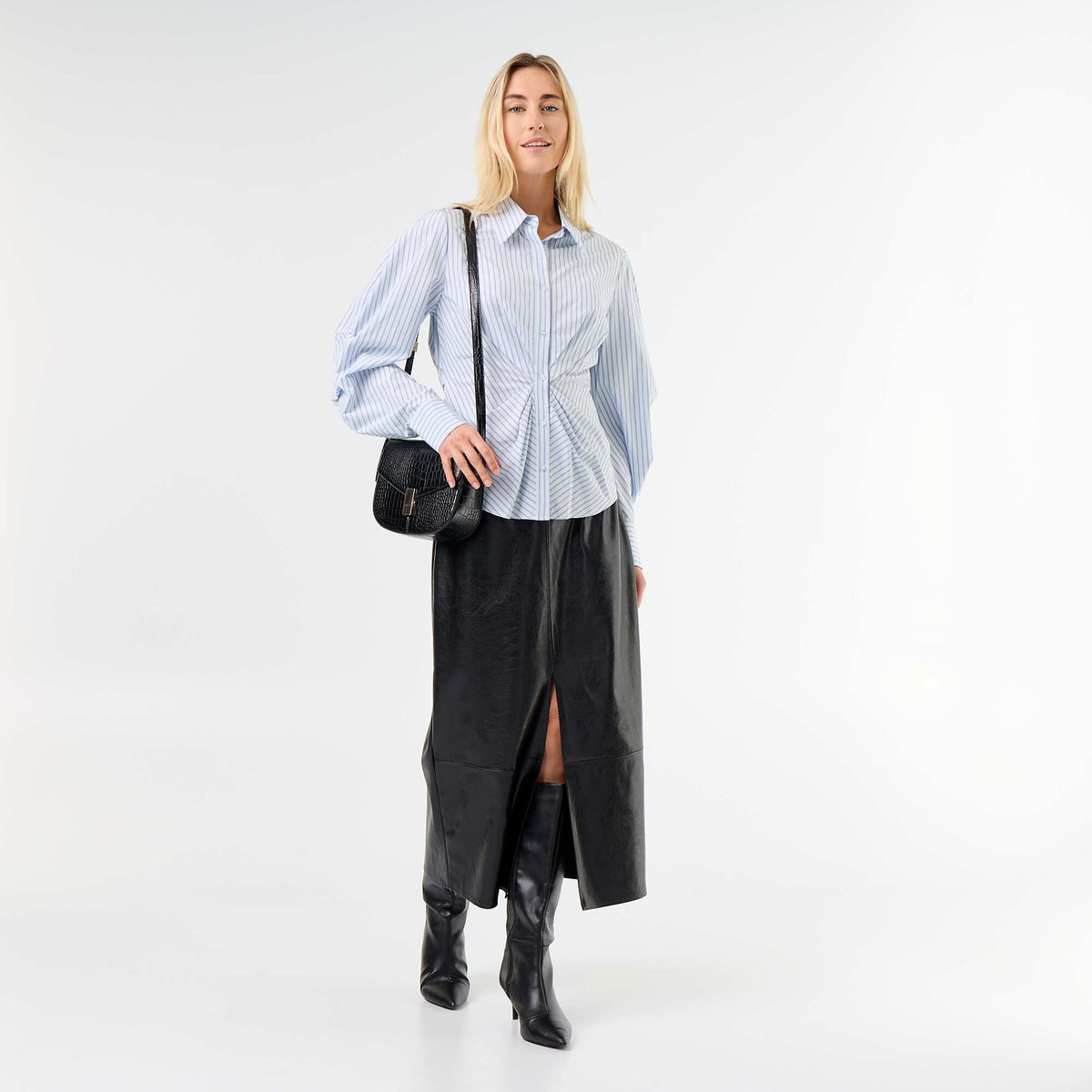 Faux Leather Straight Midi Skirt BLACK