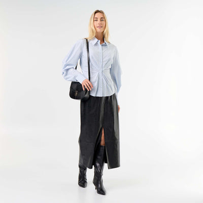 Faux Leather Straight Midi Skirt BLACK