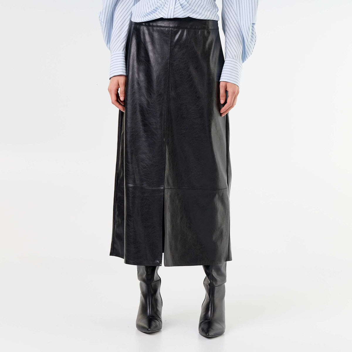 Faux Leather Straight Midi Skirt BLACK