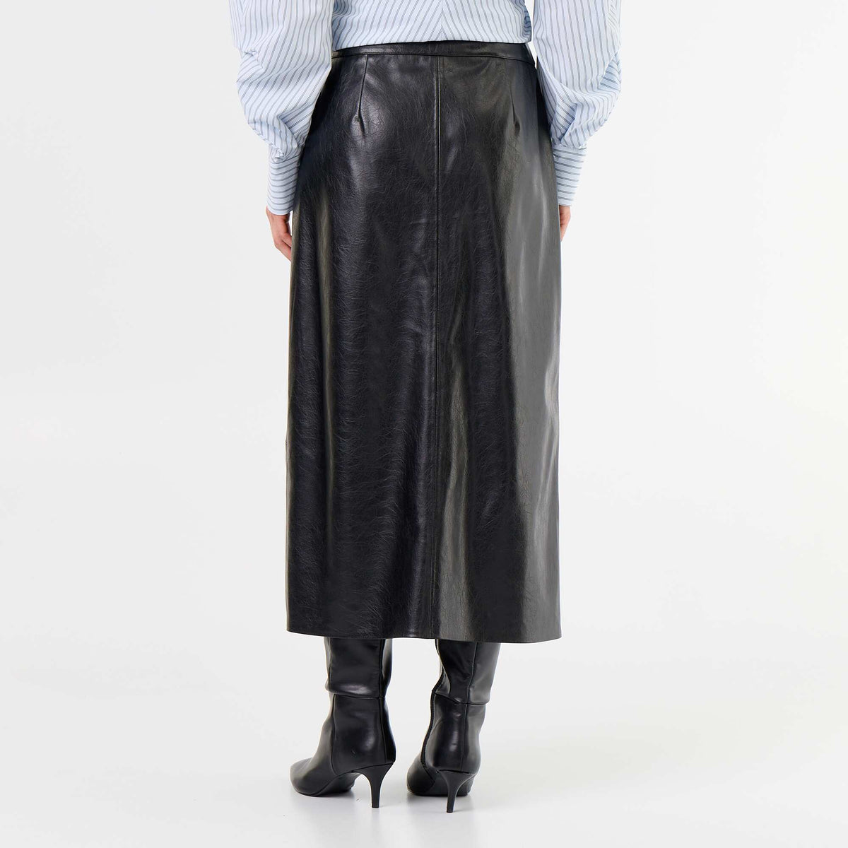 Faux Leather Straight Midi Skirt BLACK