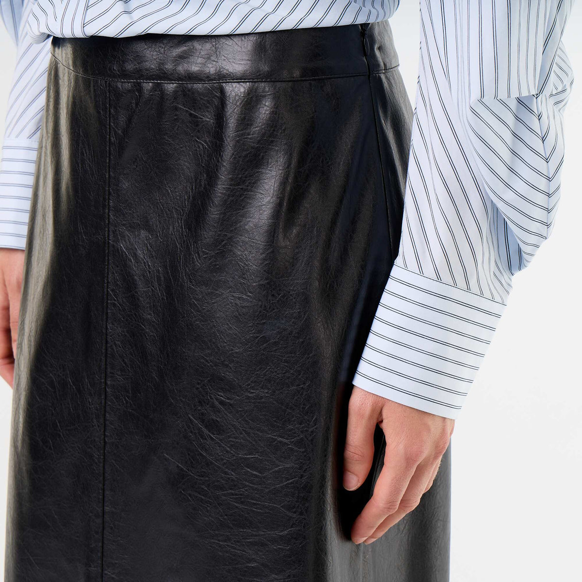 Faux Leather Straight Midi Skirt BLACK