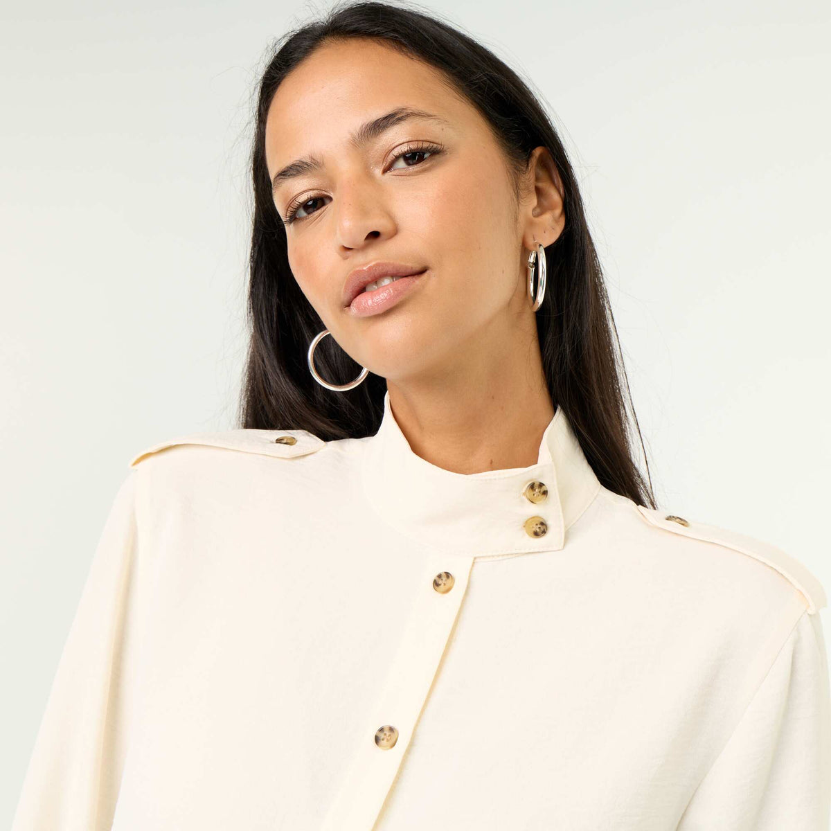 High-Neck Blouse with Shoulder Panels WHITE