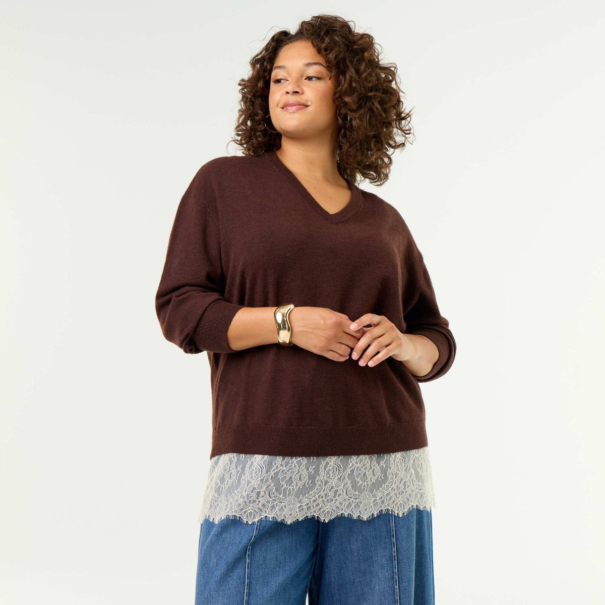 2-in-1 Sweater with Wool Blend and Lace BROWN