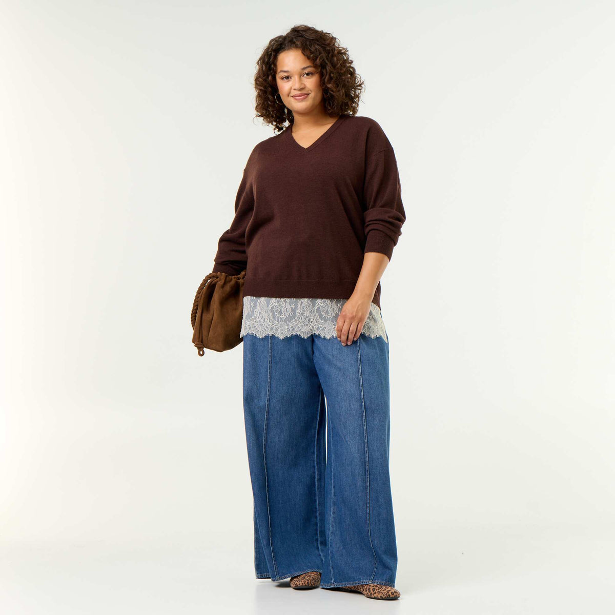 2-in-1 Sweater with Wool Blend and Lace BROWN