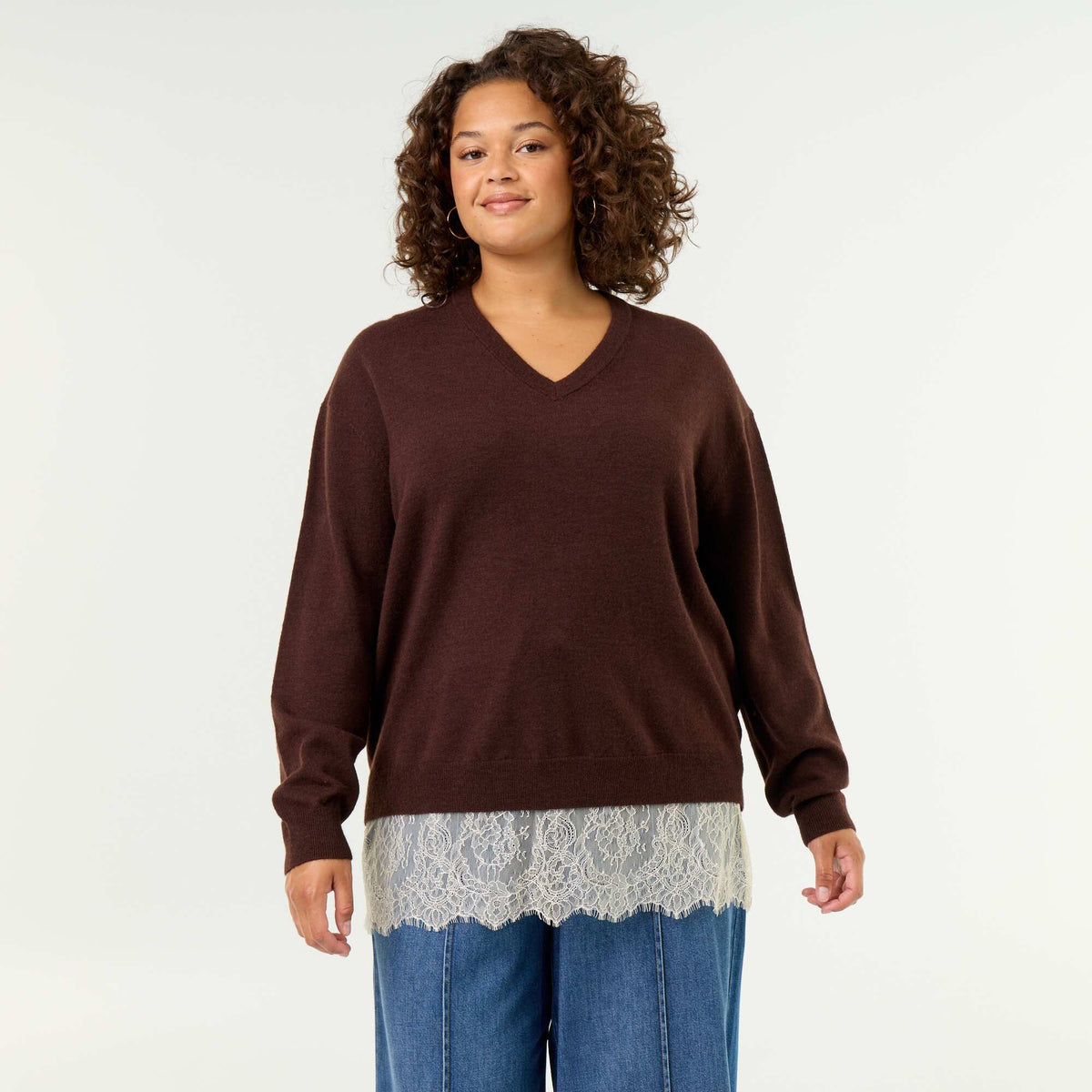 2-in-1 Sweater with Wool Blend and Lace BROWN
