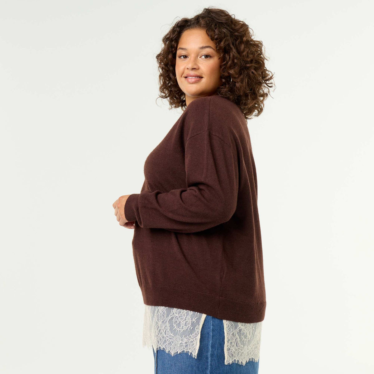 2-in-1 Sweater with Wool Blend and Lace BROWN