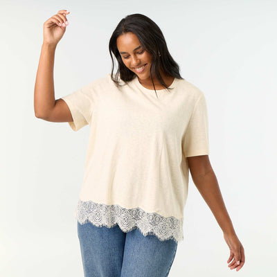 Marled Knit T-shirt with Lace Trim BEIGE