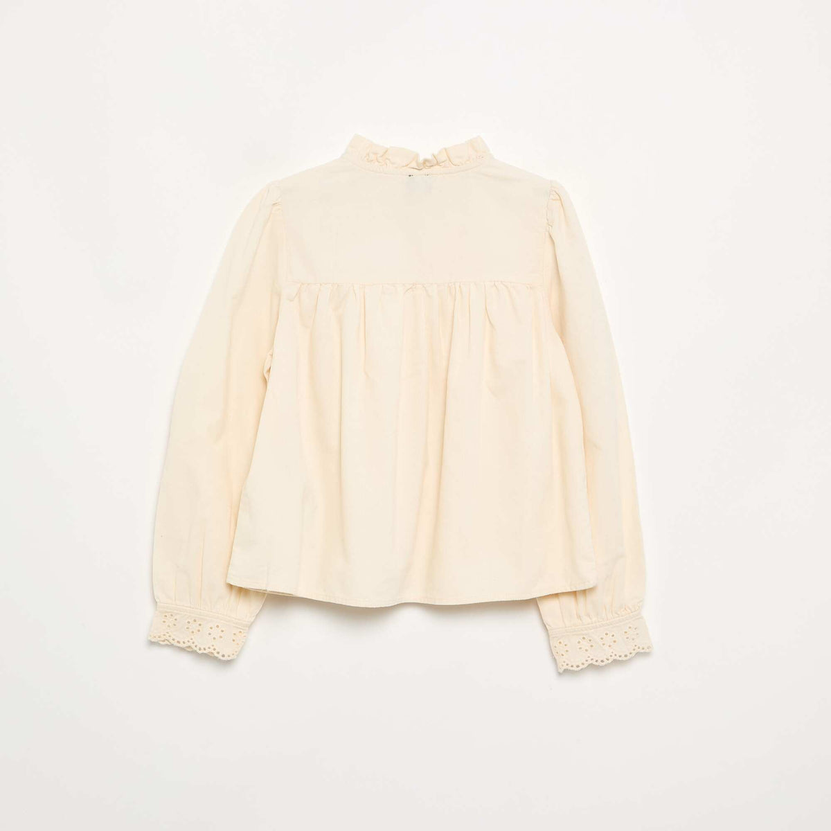 Blouse with embroidered cuffs and ruffled collar ECRU