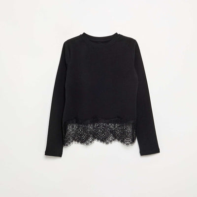 Long-sleeved T-shirt with lace trim hem BLACK