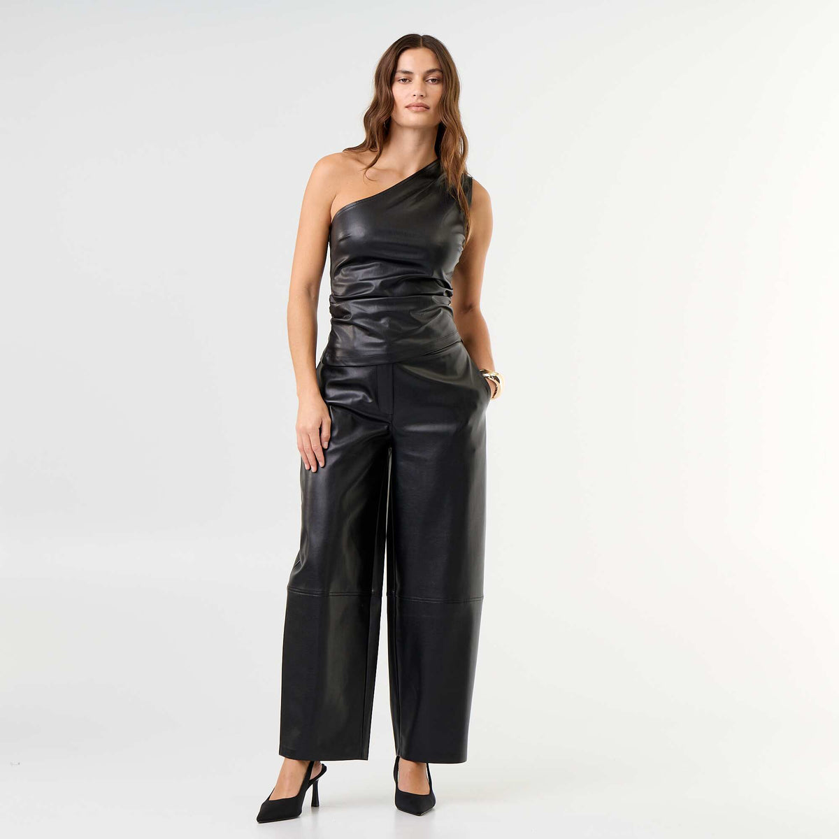Asymmetrical Faux Leather Top BLACK
