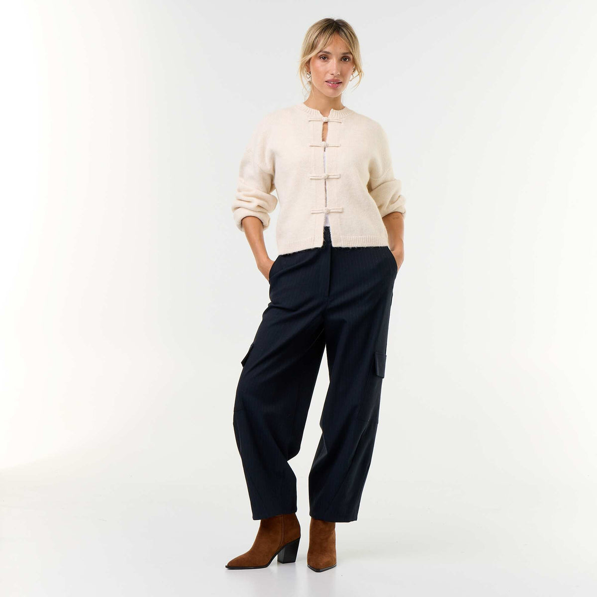 Mandarin Button-Front Long-Sleeved Cardigan WHITE