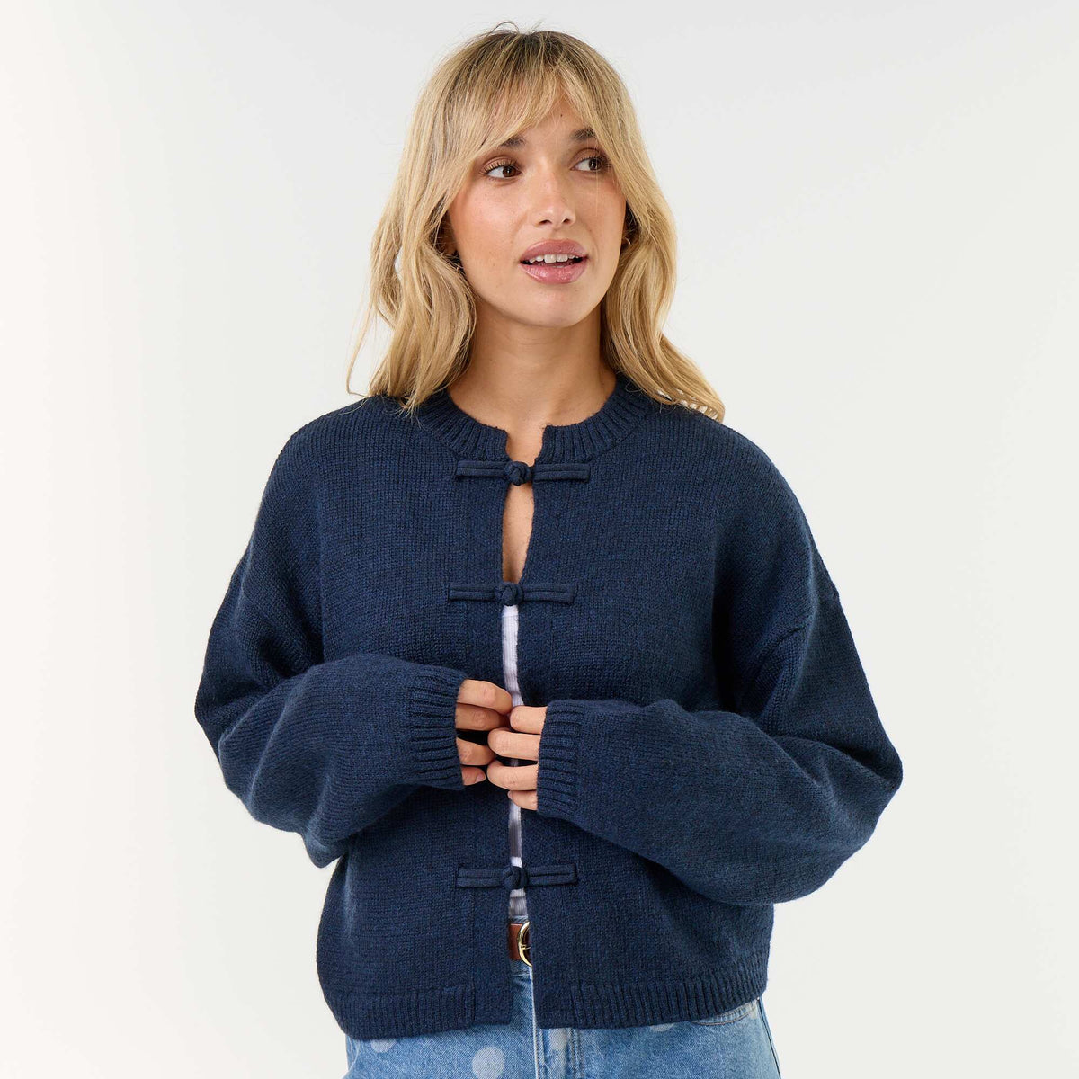 Mandarin Button-Front Long-Sleeved Cardigan BLUE