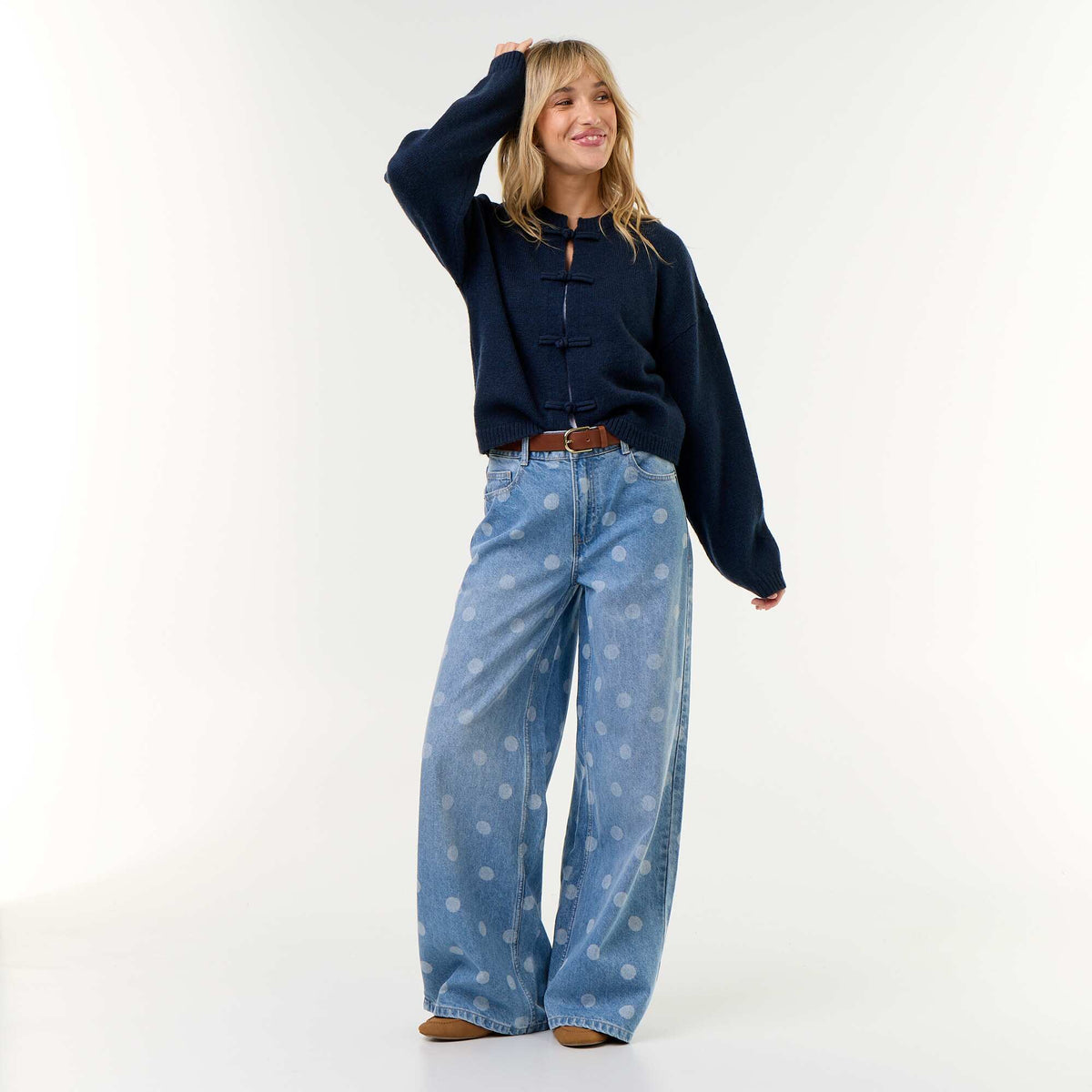Mandarin Button-Front Long-Sleeved Cardigan BLUE