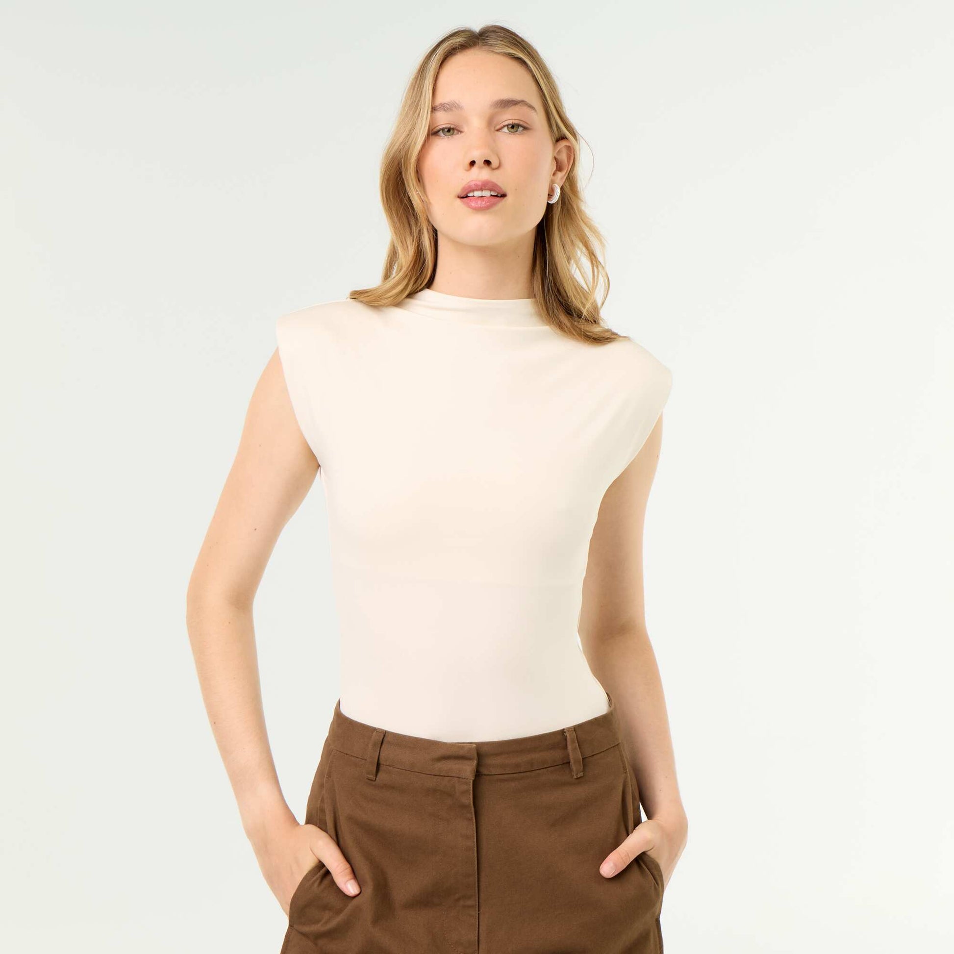 Bodysuit with Shoulder Pads BEIGE
