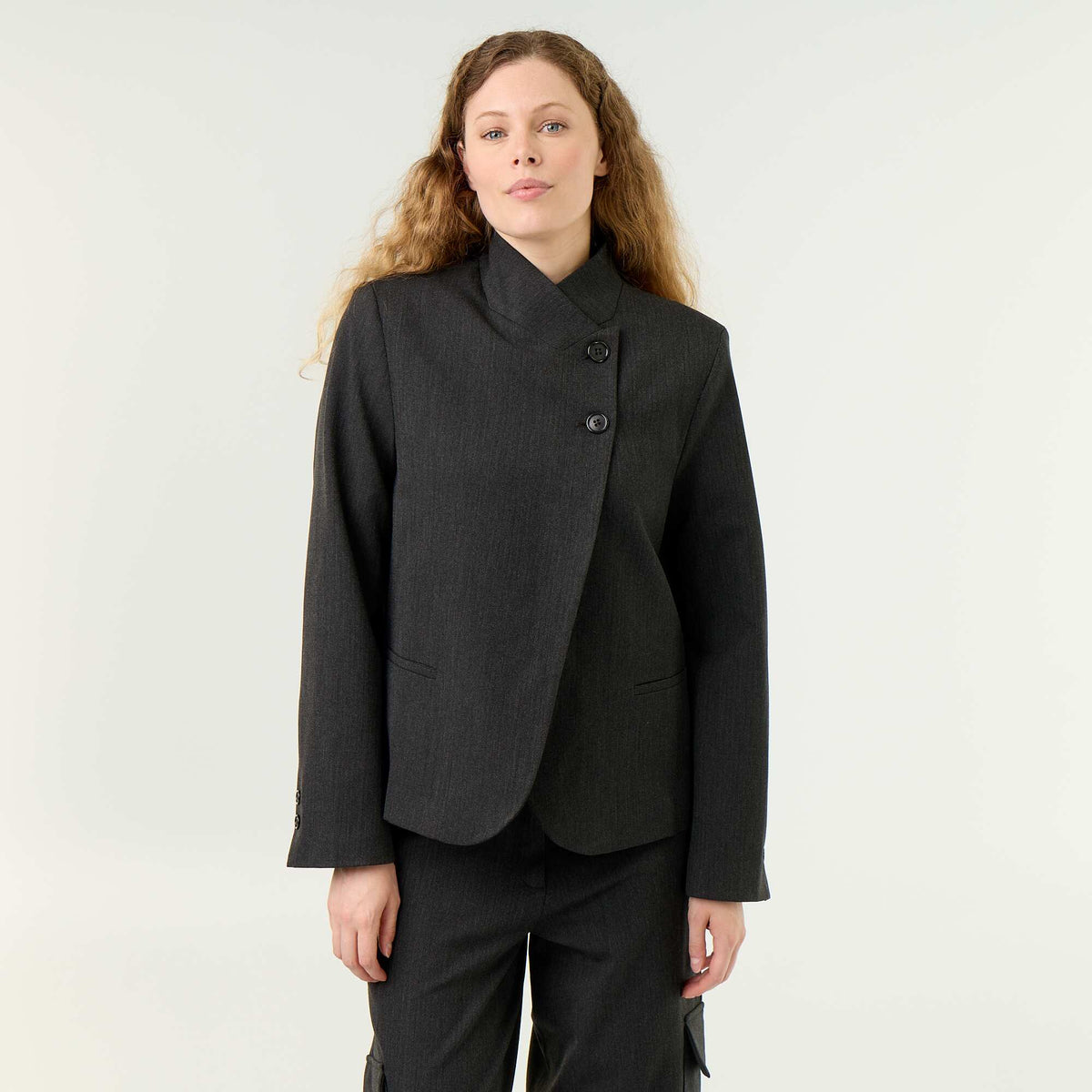 Wrap Effect Stand-Up Collar Blazer GREY