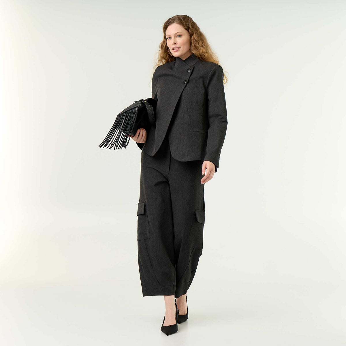 Wrap Effect Stand-Up Collar Blazer GREY