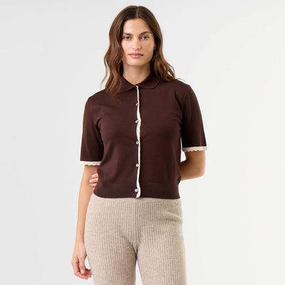 Short-Sleeved Knit Cardigan with Lace BROWN
