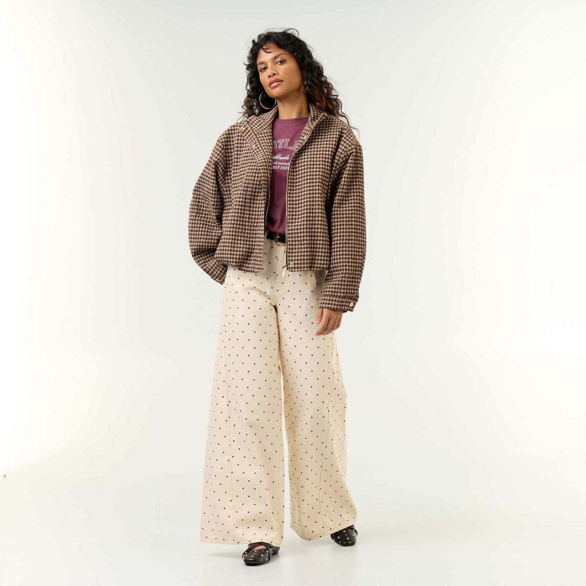 All-over polka dot wide-leg jeans WHITE