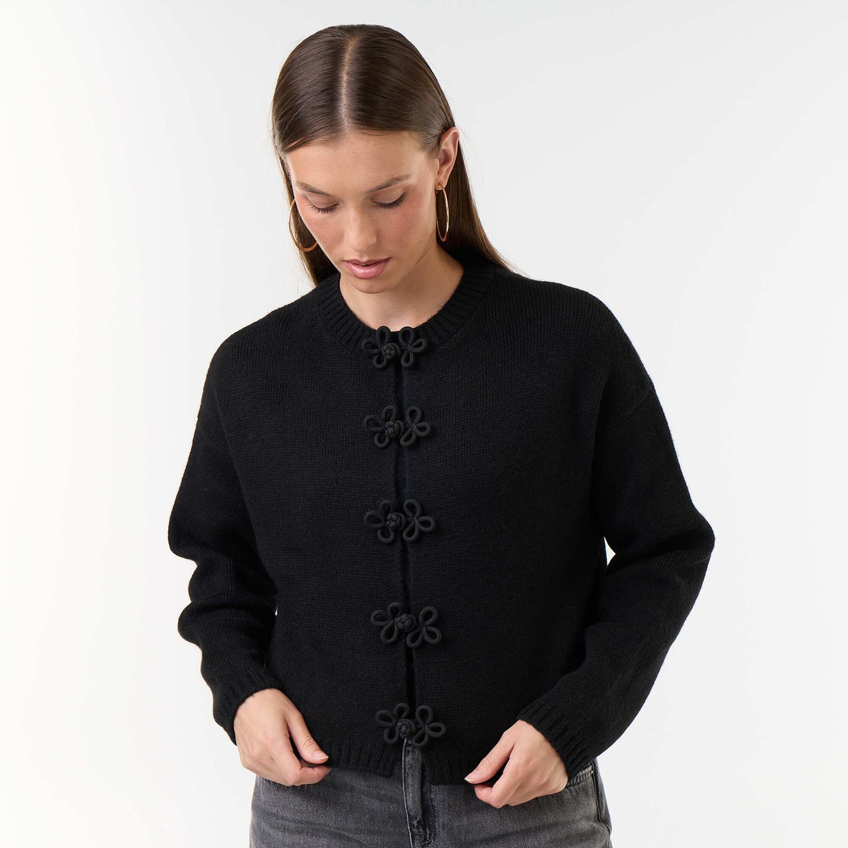 Knitted Cardigan with Decorative Buttons BLACK