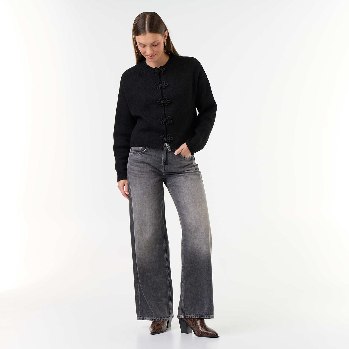Knitted Cardigan with Decorative Buttons BLACK
