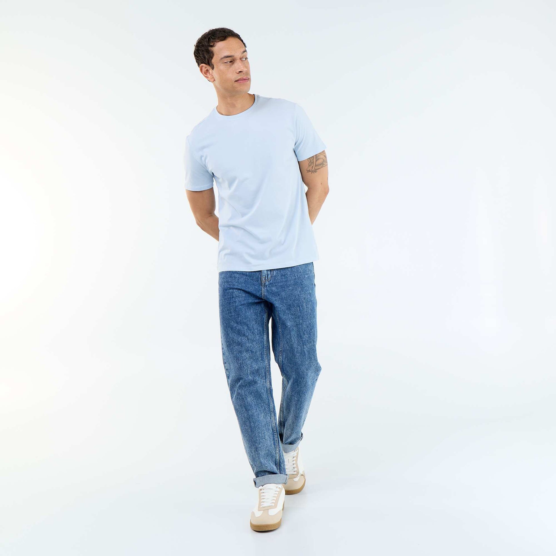 Plain jersey straight T-shirt BLUE