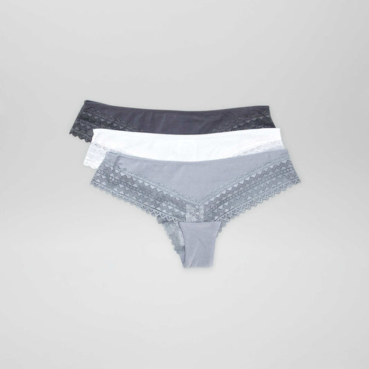 Pack of 3 pairs of cotton and lace Brazilian briefs BLUE