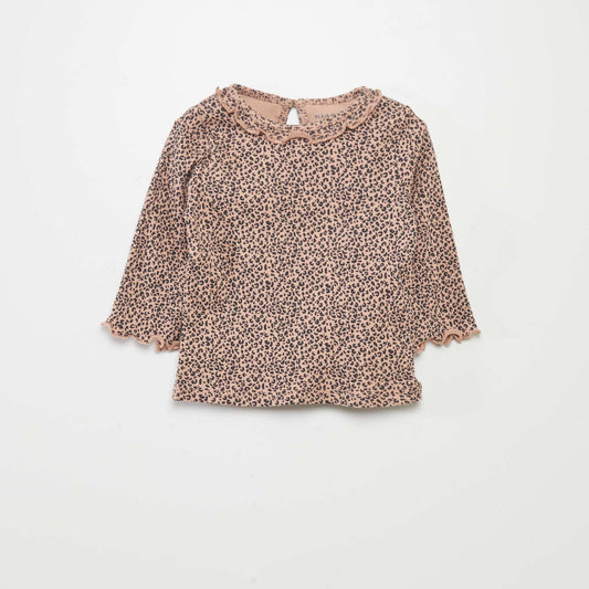 Ribbed knit T-shirt with ruffled collar BEIGE