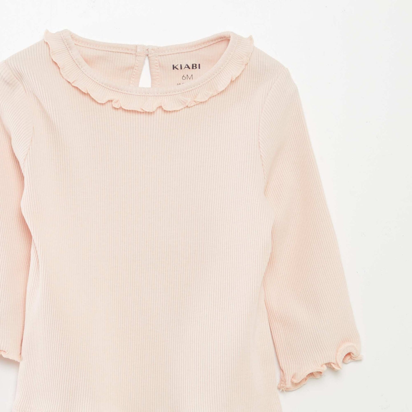 Ribbed knit T-shirt with ruffled collar PINK