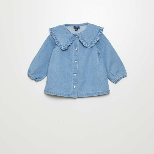 Denim shirt with ruffled collar BLUE